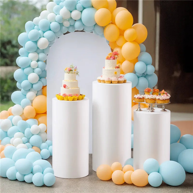 Qfdian White Cylinder Pedestal Stand Covers Set of 3 Round Elastic Cloth Pillar Plinth Cover for Birthday Wedding Party Baby Decoration