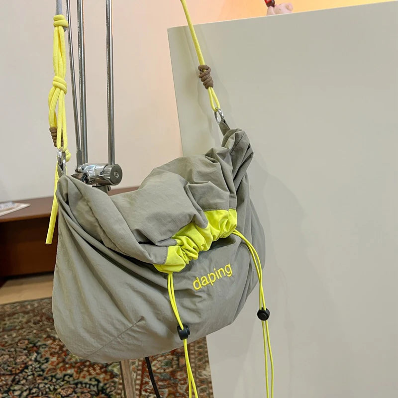 Qfdian Korean Style Solid Color Drawstring Bucket Bag Wrinkle Nylon Crossbody with Large Capacity And Adjustable Shoulder Strap