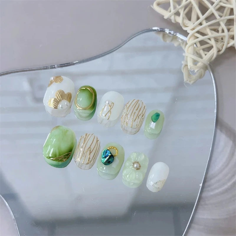 Qfdian 10pcs Blue Pink Handmade Press on Nails with Flower Short Ballerina Fake Nails Reusable Manicure Artistic Full Cover Finger Tips