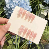 Qfdian 10Pcs Handmade Gradient Pink Fake Nails Long Press On Nails French False Nails 3D Pink Flowers Decor Wearable Press on Nails