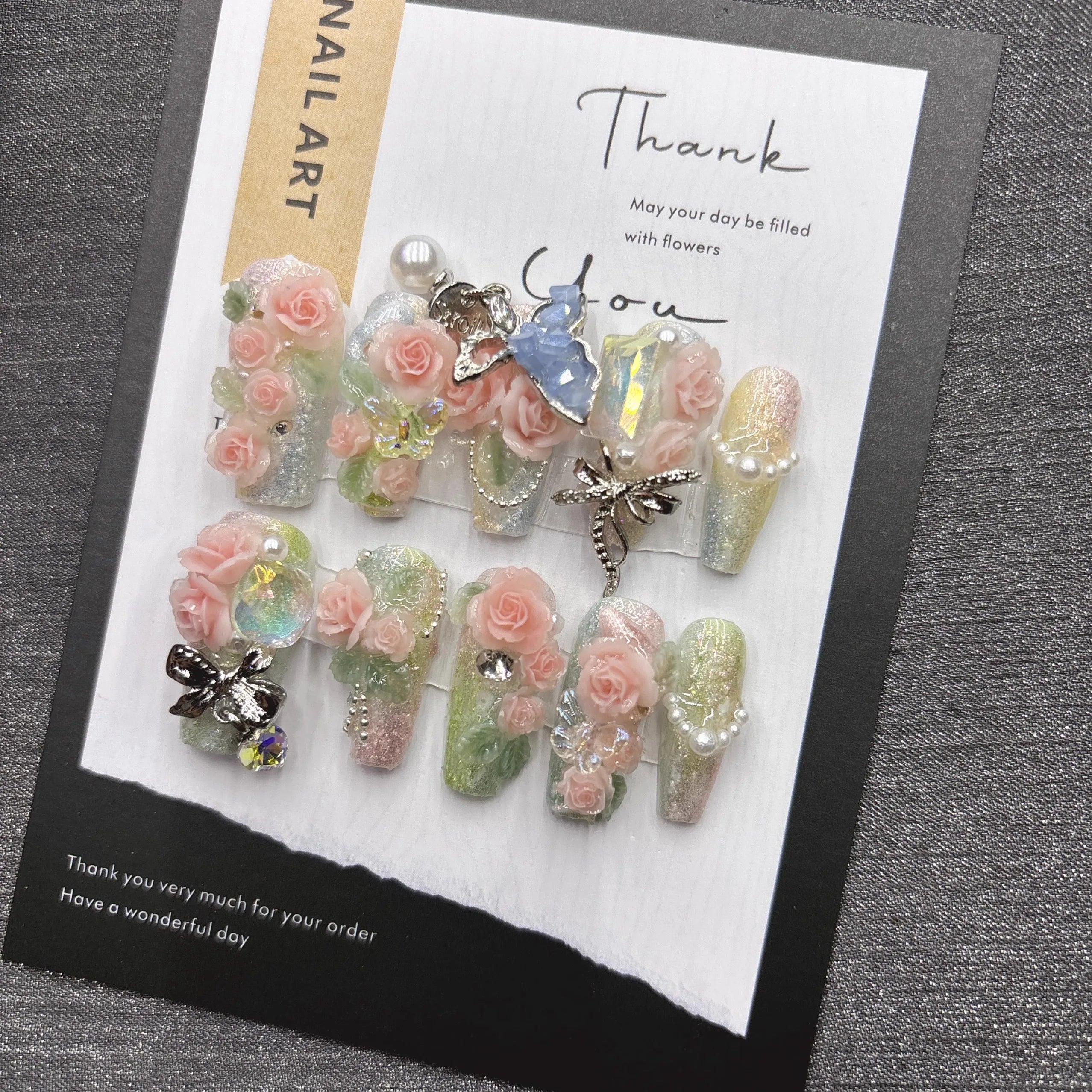 Qfdian Sweet Floral Press On Nails Pink Rose Butterfly Fake Nails For Women Elegant Pearl Rhinestone Party Nails Glamorous Reusable