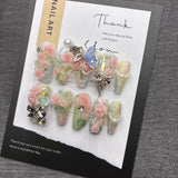 Qfdian Sweet Floral Press On Nails Pink Rose Butterfly Fake Nails For Women Elegant Pearl Rhinestone Party Nails Glamorous Reusable