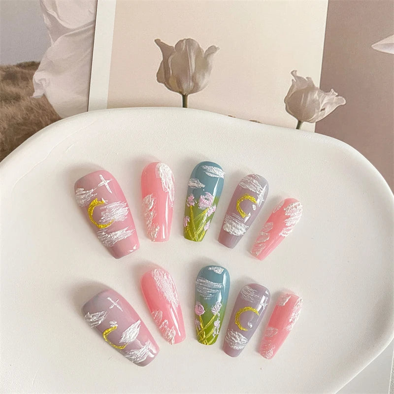 Qfdian Oil Painting Handmade Press on Nails Design Cute Fake Nails Design Butterfly Moon Stars Wearable Adhesive Women False Nail Tips