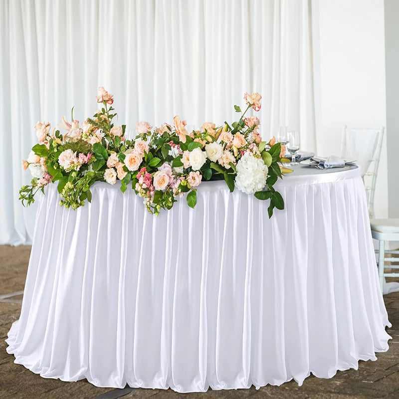 Qfdian White Table Skirts Rectangle Polyester Ruffle Tablecloth for Wedding Birthday Party Baby Bridal Shower Banquet Table Decorations