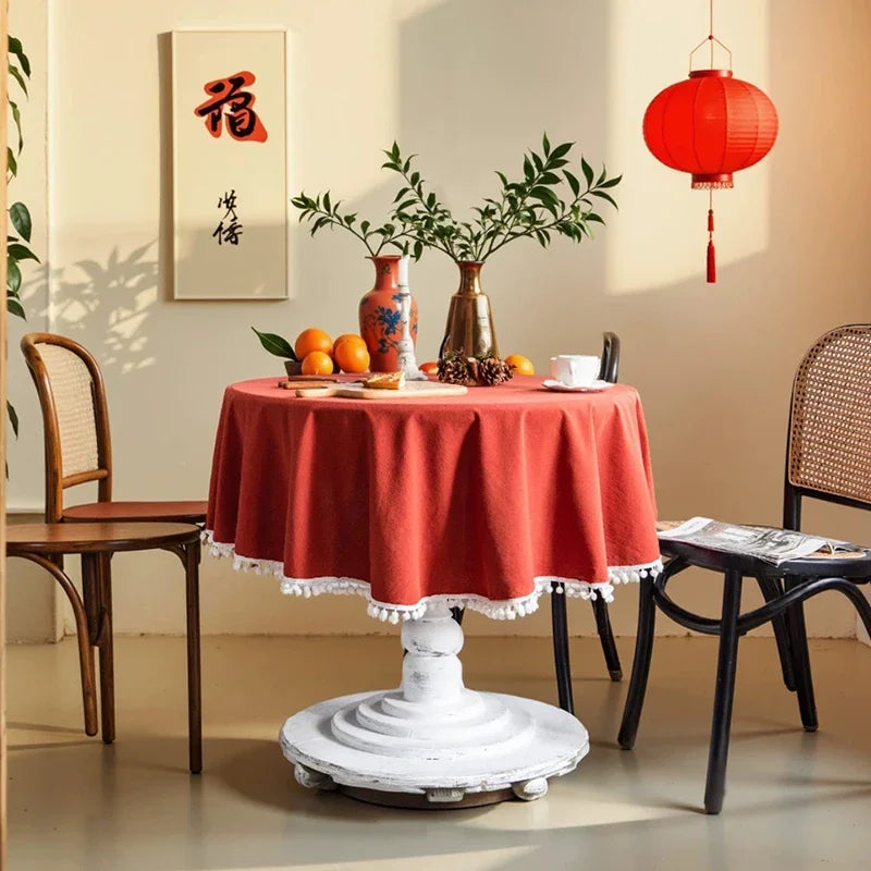 Qfdian Solid Round Tablecloths with Pom Poms Cotton Tablecloth Table Covers for Kitchen Dining Restaurant Wedding Party Home Decoration