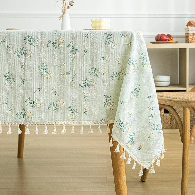 Qfdian Cotton Blend Tablecloth Beige Floral Printed Washable Farmhouse Table Cover for Wedding Party Living Room Baby Shower Decoration