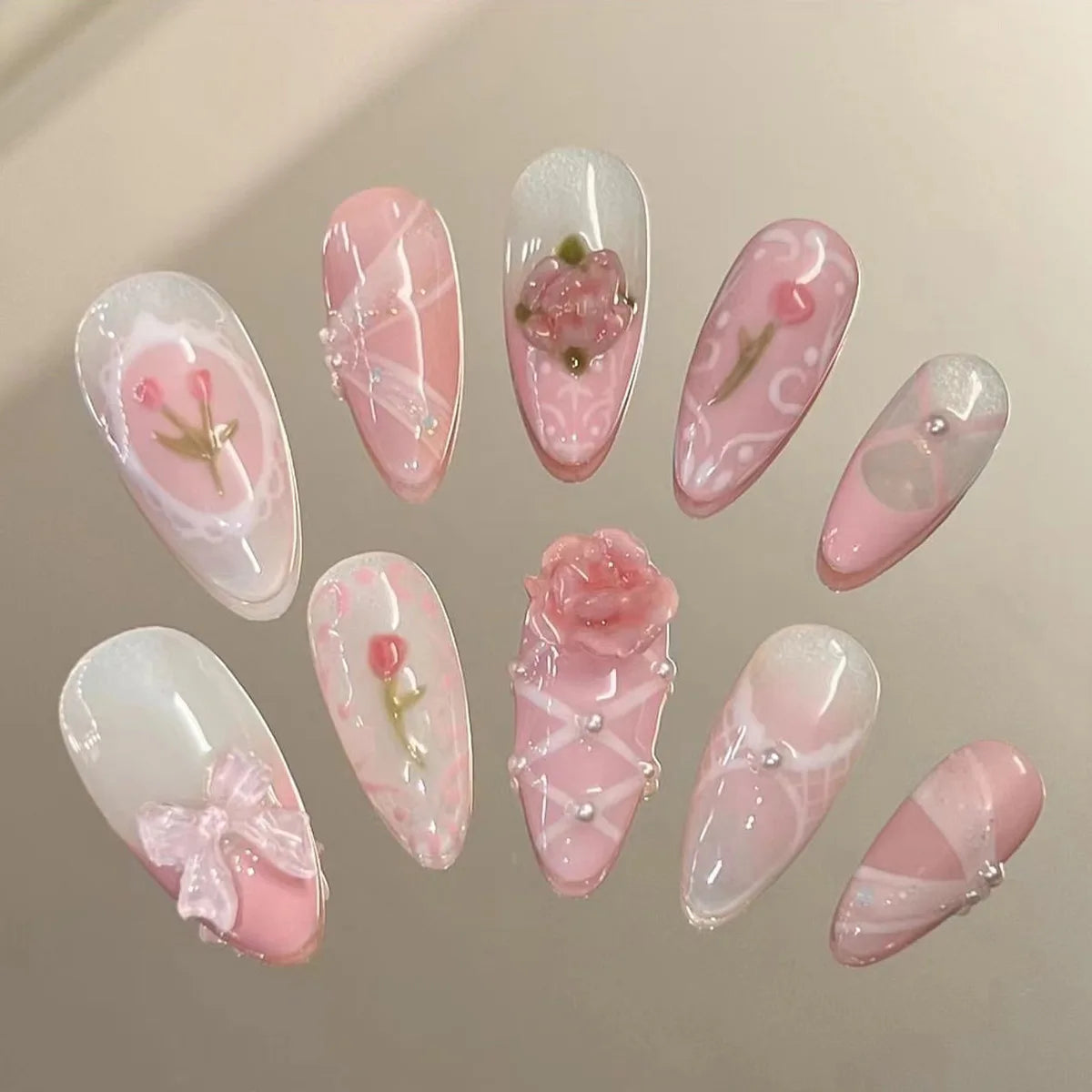 Qfdian 24Pcs Almond Press on Fake Nails Long French False Nails with Pink Bow Wearable Flower Design Oval Manicure Full Cover Nail Tips