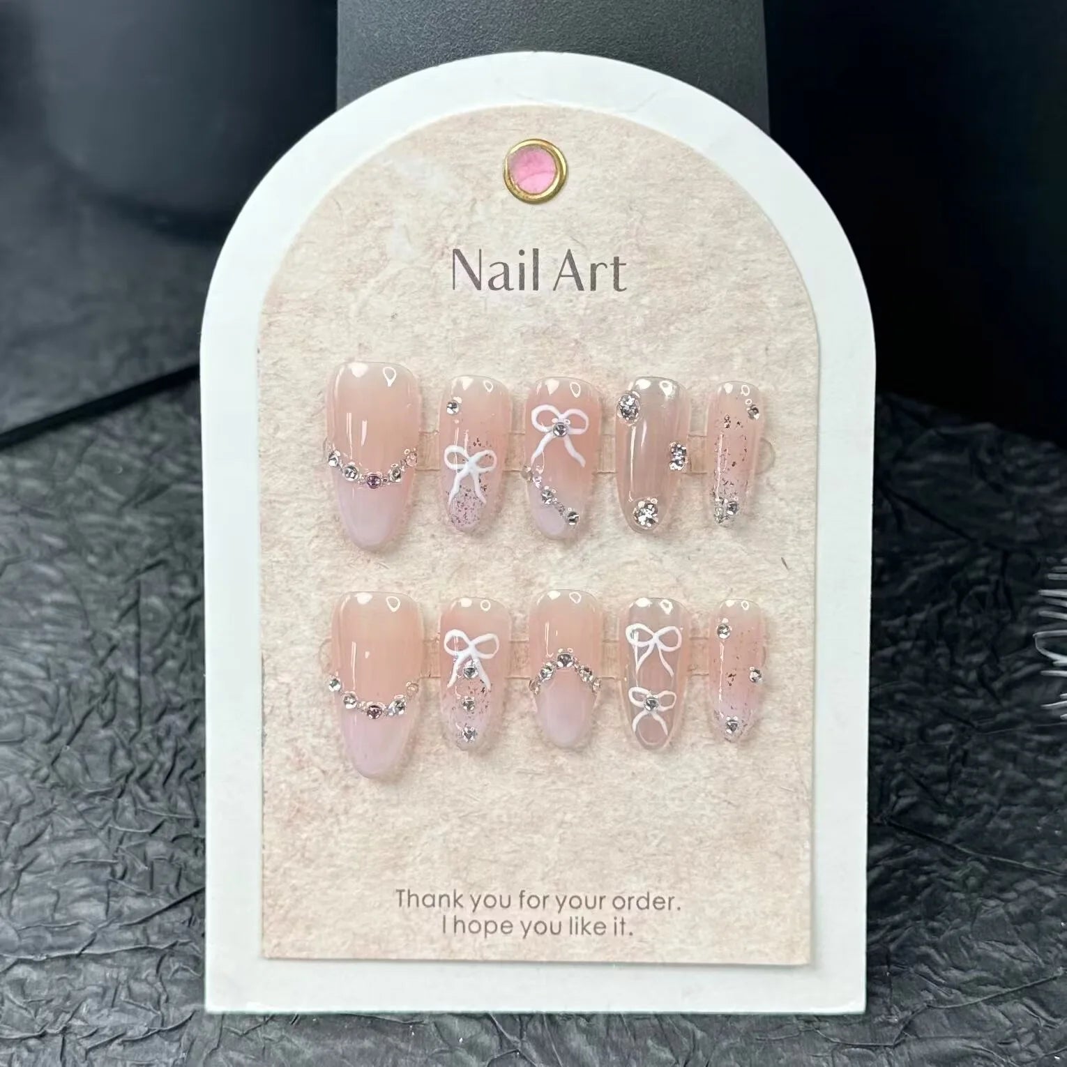 10Pcs Pink Handmade Press on Nails Full Cover Bow Tie Rhinestone Design French Fake Nails Wearable Manicure Nail Tips Art