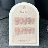 10Pcs Pink Handmade Press on Nails Full Cover Bow Tie Rhinestone Design French Fake Nails Wearable Manicure Nail Tips Art