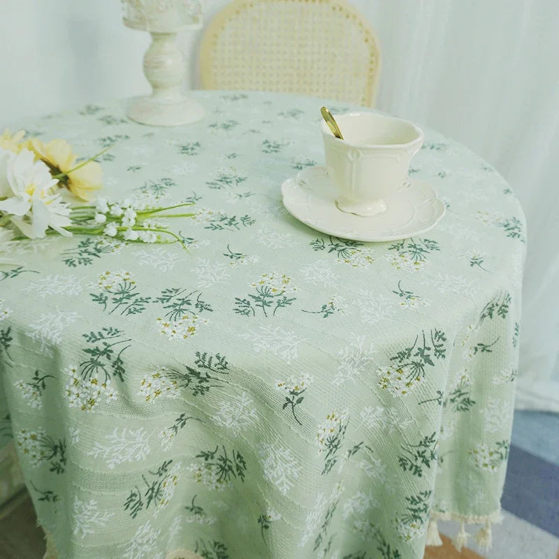 Qfdian Green Flower Table Cloths Round Printed Cotton Farmhouse Table Covers for Kitchen Living Room Dining Washable Picnic Decorations