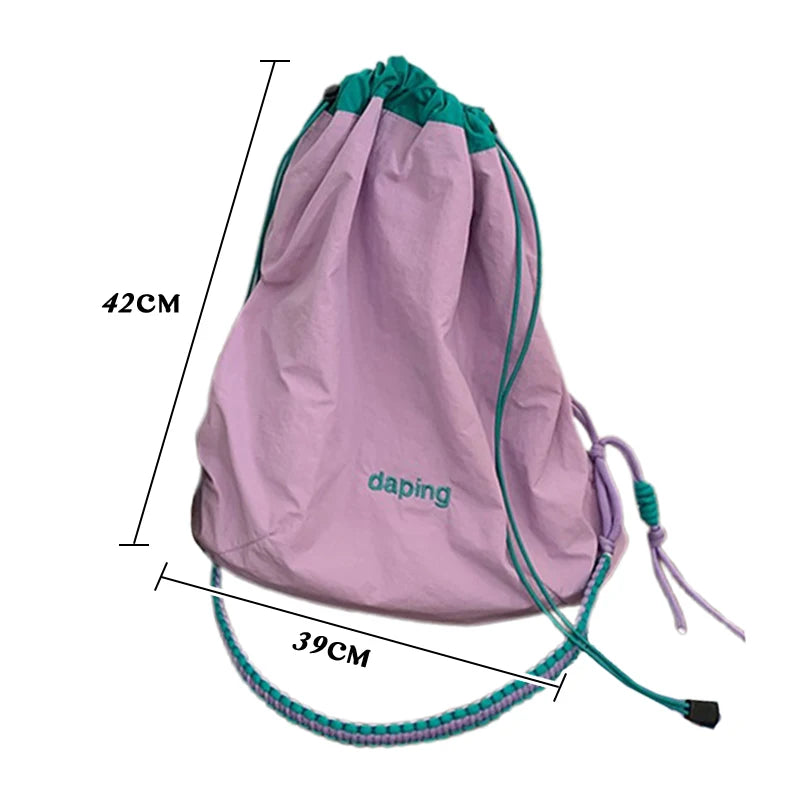 Qfdian Korean Style Solid Color Drawstring Bucket Bag Wrinkle Nylon Crossbody with Large Capacity And Adjustable Shoulder Strap