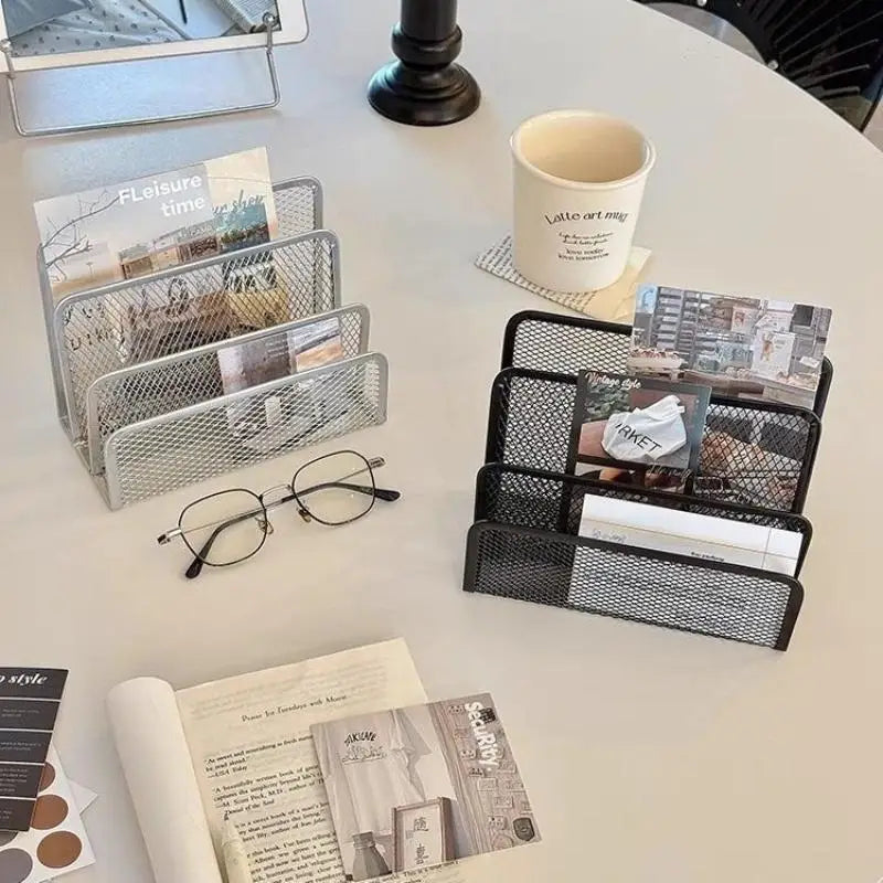 Qfdian 1 Pcs Black Desktop Office Storage Grid Metal Three-layer Business Card File Office Supplies Storage Rack