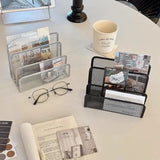 Qfdian 1 Pcs Black Desktop Office Storage Grid Metal Three-layer Business Card File Office Supplies Storage Rack