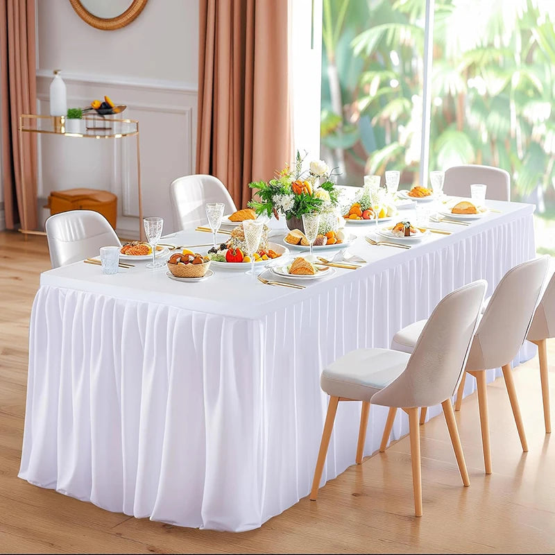 Qfdian White Table Skirts Rectangle Polyester Ruffle Tablecloth for Wedding Birthday Party Baby Bridal Shower Banquet Table Decorations