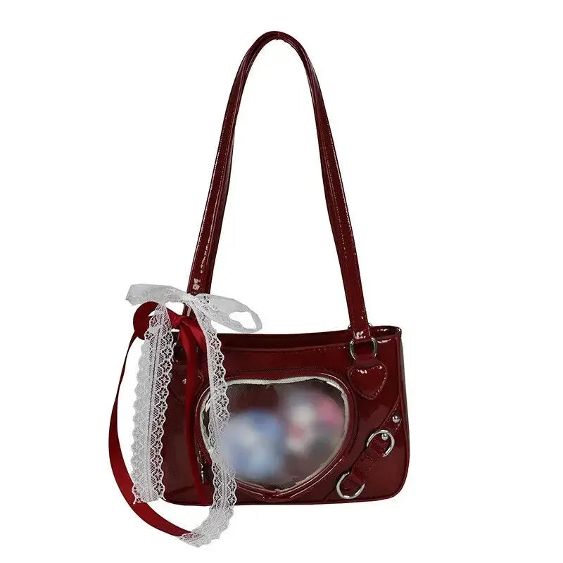 Qfdian Y2K Transparent Love Itabag Zipper Bag Jk Kawaii Shoulder Bag Underarm Commuting Bag Messenger Bag Lace Crossbody Bag Women