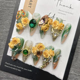 Qfdian 10Pcs High Quality Handmade Press on Nails Palace Retro Style Yellow Carved Emerald Pure Handmade Medium Long Style