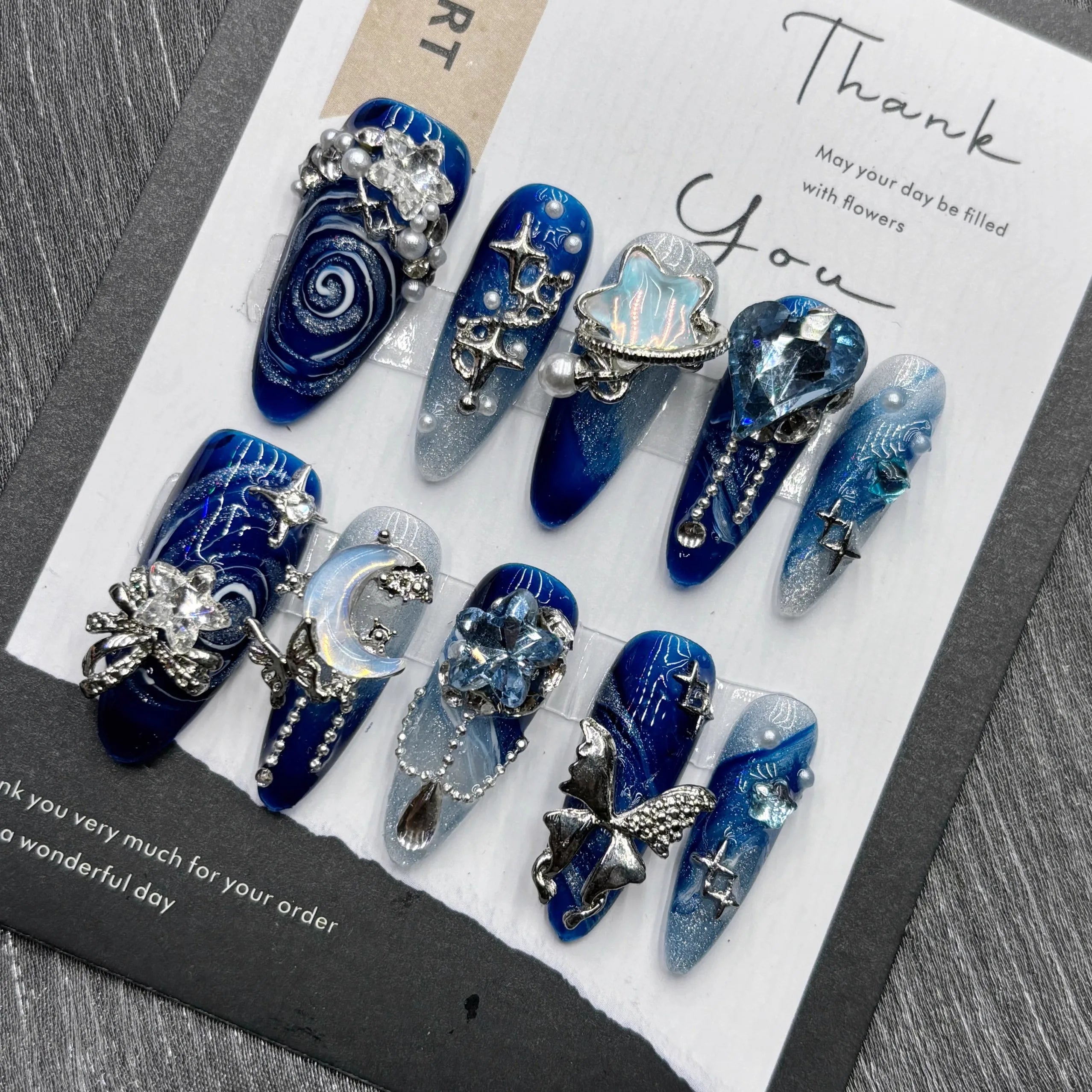 Qfdian 10Pcs High Quality Handmade Press on Nails Simple And Elegant  Royal Blue Depth Gentle And Graceful  Stick-on Nail Art Retro
