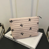 Qfdian Cute Makeup Bag with Zipper Large Capacity Cosmetic Bag Embroidery Bow Wash Storage Bag