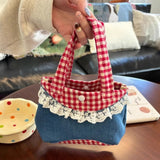 Qfdian Luxury Design Denim Patchwork Top-Handle Bags Women Mini Kawaii Sweet Clutches Y2k Chic Contrast Color Plaid Purses and Handbags