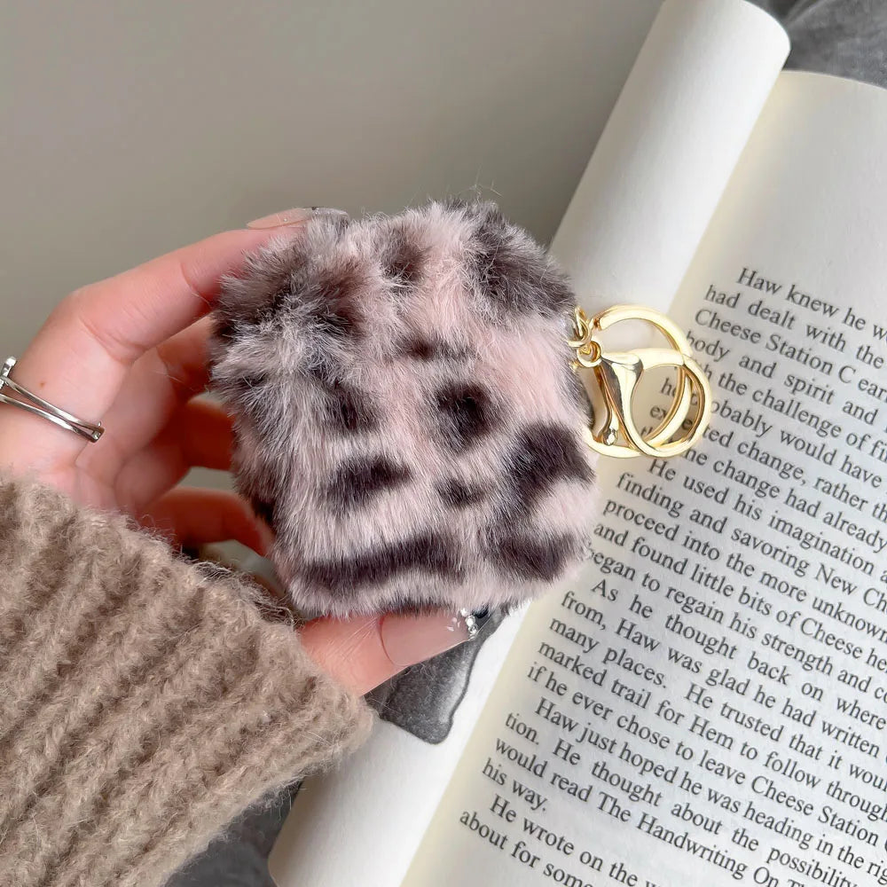 Qfdian Luxury Pink Leopard Print Winter Plush Earphone Case For AirPods 1 2 3 4 Pro 2 Bluetooth Headset Protective Shell With Keychain