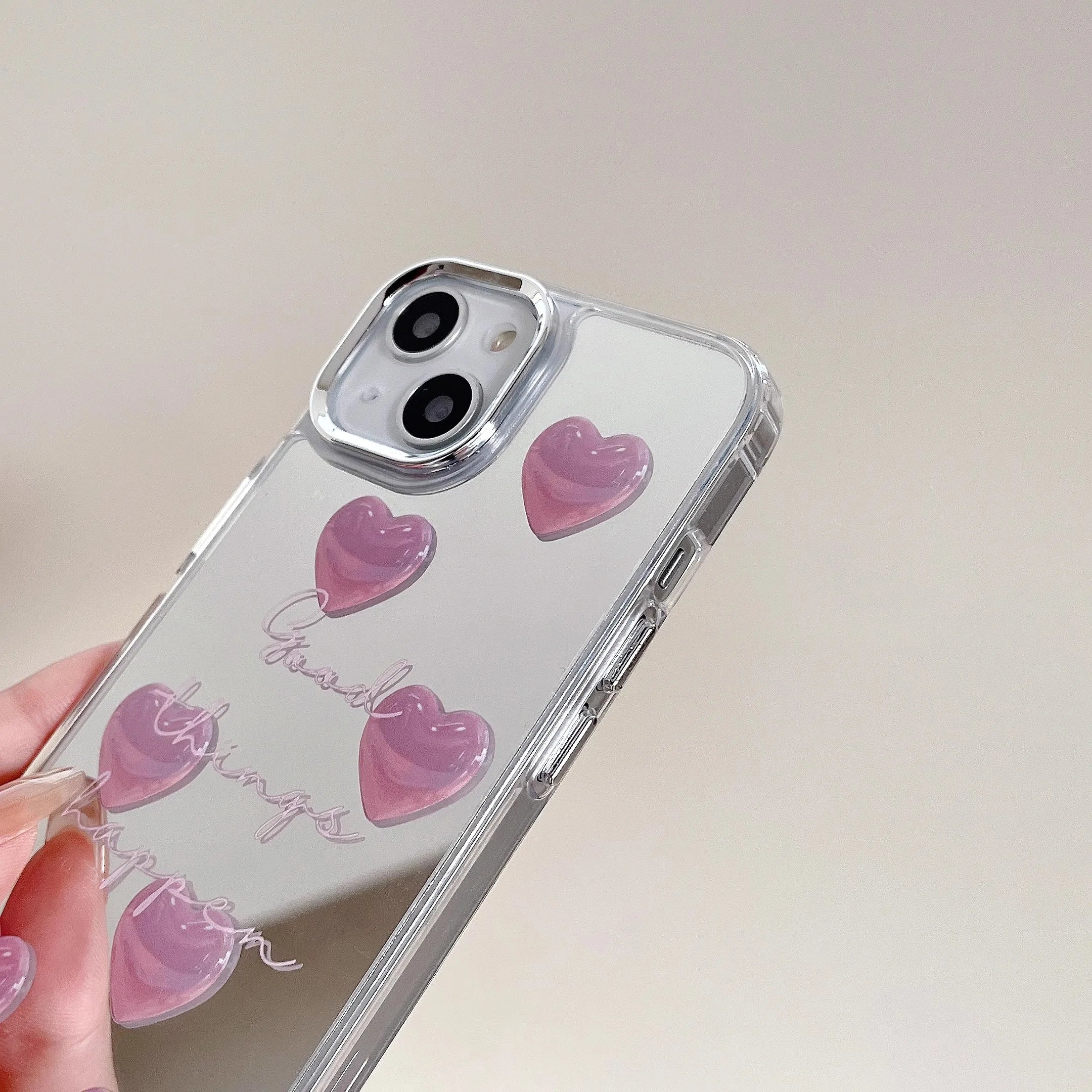 Qfdian Pink Heart Silver Plated Mirror Case For iPhone 11 12 13 Pro Max 14 15 Pro Max Silicone Drop Protection Case