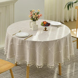 Qfdian Round Tassel Plaid Tablecloths Heavy Weight Cotton Linen Fabric Dust-Proof Table Cover Kitchen Dining Party Tabletop Decorations