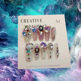 Qfdian 10Pcs High Quality Handmade Press on Nails Colorful Angel Heavy Industry Purple Sparkling Alien Diamond Nail Art Shows White