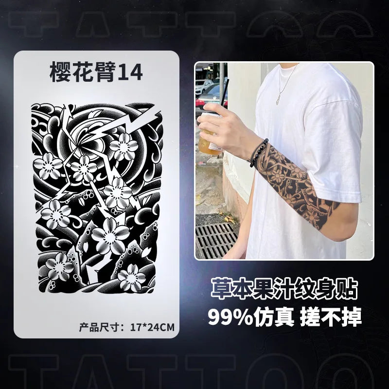 Qfdian Japanese Traditional Half Arm Herbal Juice Temporary Tattoo Stickers Sakura Leaf Lasting Art Fake Tattoo Men Women Faux Tatouage