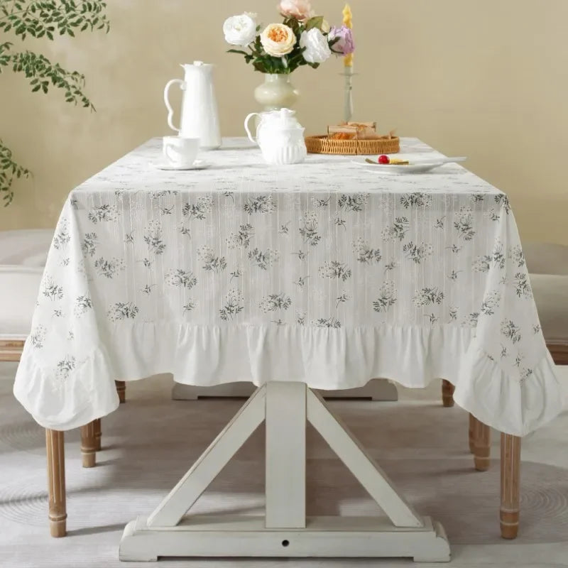 Qfdian Boho Ruffle Tablecloth Rectangle Retro Farmhouse Flounces Trim Washable Table Cover for Coffee Kitchen Picnic Wedding Decoration