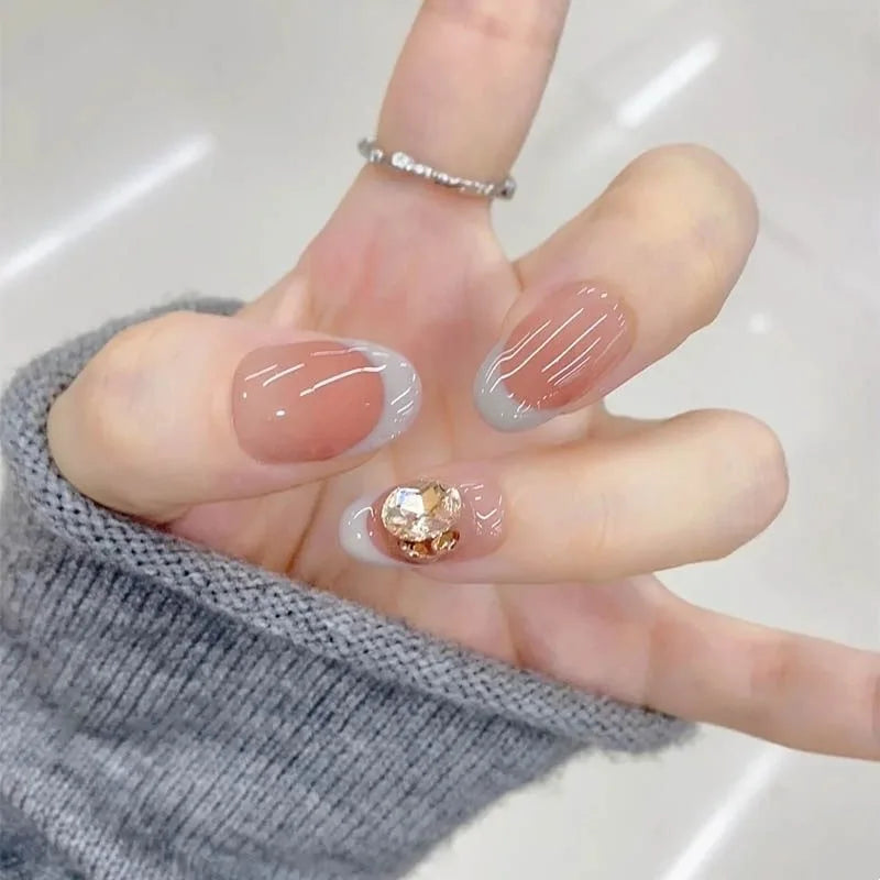 Qfdian 10Pcs Short Oval French Pink Blue Handmade Press on Nails Fake Nails With 3D Diamond Design Wearable Nail Tips Art