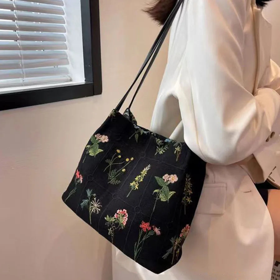 Qfdian Large-capacity Embroidered Tote Bag Women Summer Trendy Cloth Bag Niche Embroidery Shoulder Bag Texture Bucket Bags Canvas Bags