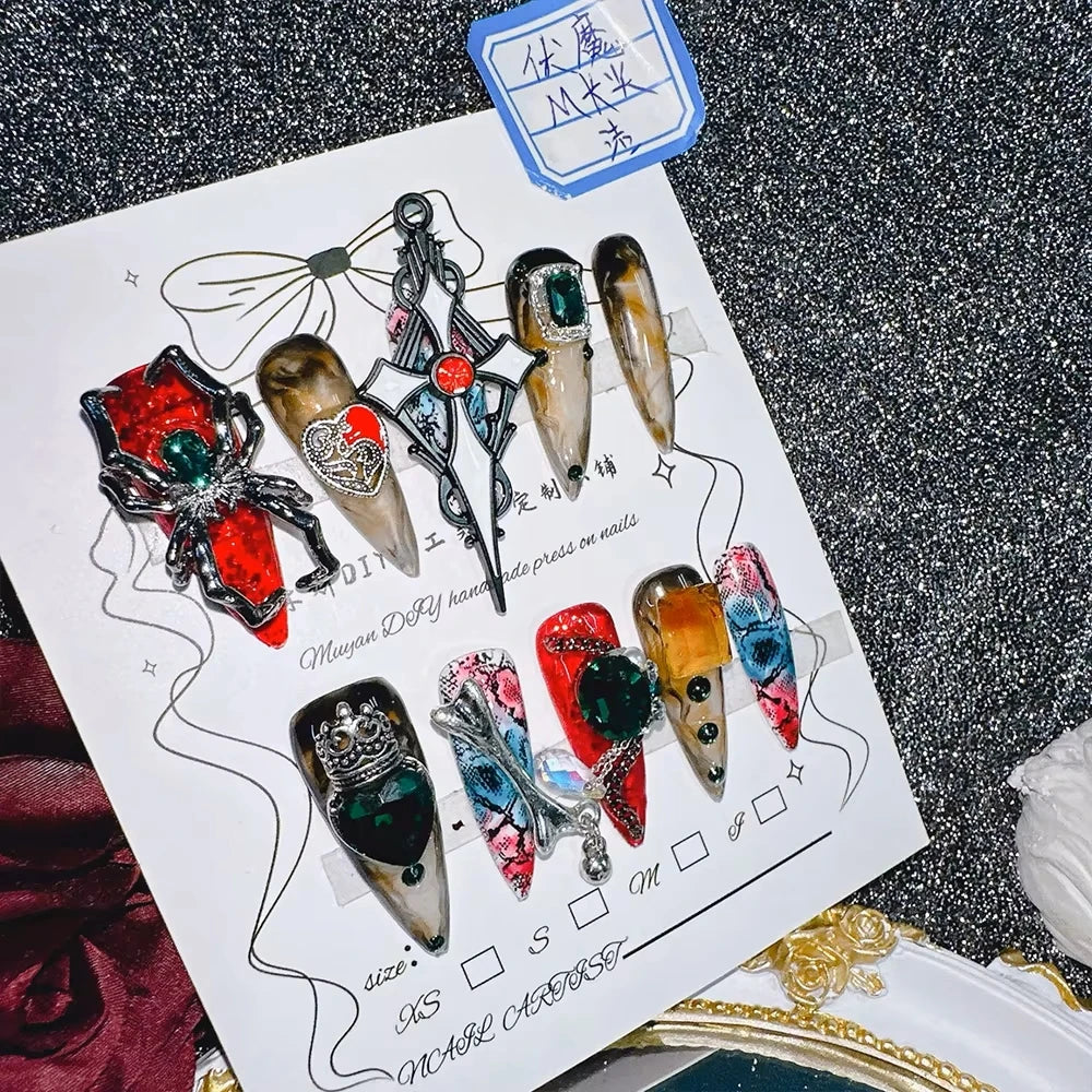 Qfdian 10Pcs High Quality Handmade Press on Nails Real Shot Pure Hand Drawn Wealth Accumulating Dragon Amber Exaggerated Super Cool