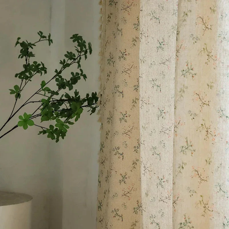 Qfdian Floral Farmhouse Curtains Semi-Blackout Living Room Drapes Cotton Linen Bohemian Window Curtain 1 Panels Tassel Beige Rod Pocket