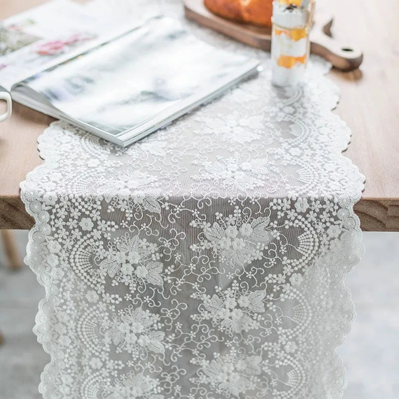Qfdian White Lace Table Runner Floral Embroidered Tables Lace Doilies Dressers End Tables for Wedding Decorations Tea Party Baby Shower