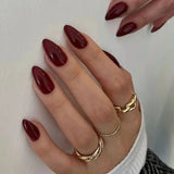 Qfdian 24Pcs Simple Wine Red Fake Nail with Glue Mid-length Almond Press on False Nails Wearable Round Head Oval Full Cover Nail Tips