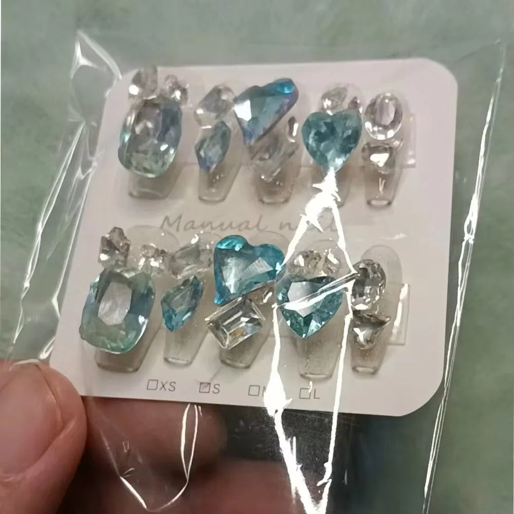 Qfdian 10pcs High Quality Handmade Press on Nails BLingBLing Blue Eyes Diamond of Duck Egg Korean Nail Art Accessories
