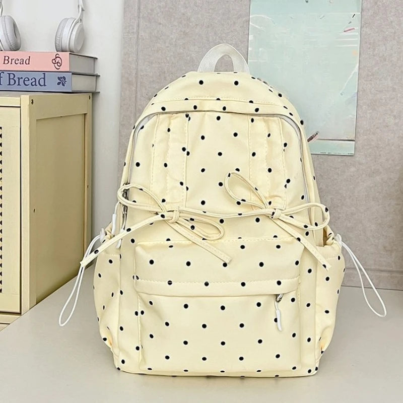 Qfdian Backpacks for Women Students Sweet Dot Chic Bow Schoolbags Y2k Aesthetic Casual Fashion Backpack Trendy Kawaii Girls School Bags