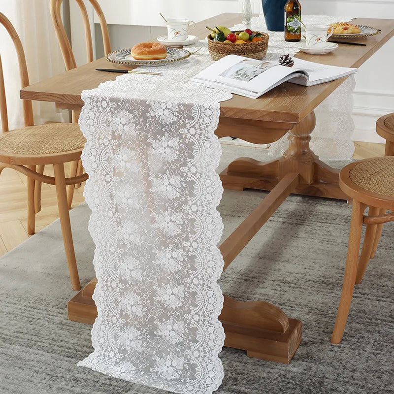 Qfdian White Lace Table Runner Floral Embroidered Tables Lace Doilies Dressers End Tables for Wedding Decorations Tea Party Baby Shower