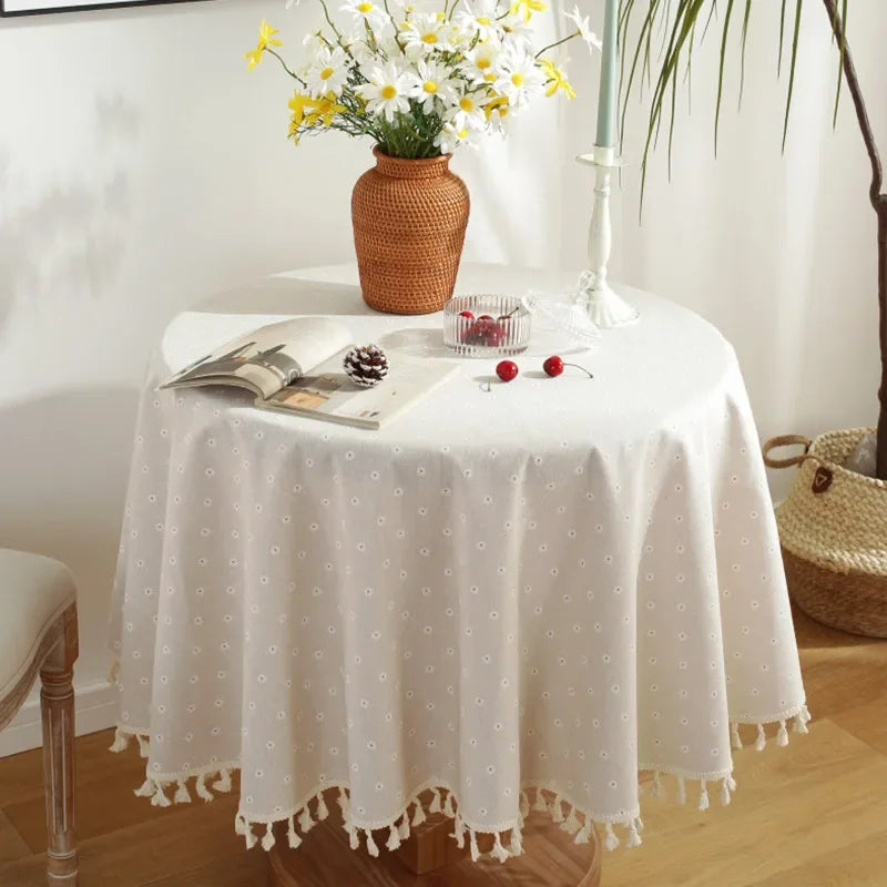 Qfdian Green Leaves Print Round Tablecloth Cotton Linen Boho Table Cloth with Tassels for Kitchen Restaurant Christmas Party Decoration