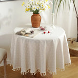 Qfdian Green Leaves Print Round Tablecloth Cotton Linen Boho Table Cloth with Tassels for Kitchen Restaurant Christmas Party Decoration