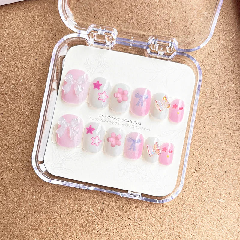 Qfdian 12Pcs/Set Cartoon Style Kids Fake Nails Detachable Press On Fake Nails Full Cover Press Stick On Nails Children Nail Decor