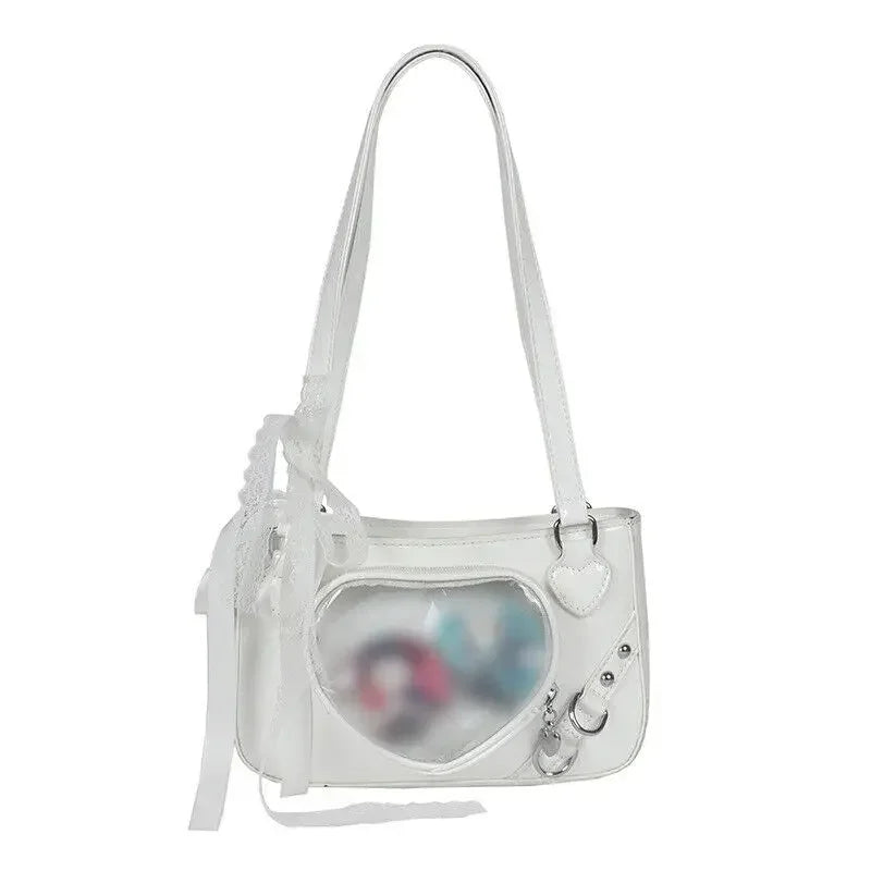 Qfdian Y2K Transparent Love Itabag Zipper Bag Jk Kawaii Shoulder Bag Underarm Commuting Bag Messenger Bag Lace Crossbody Bag Women
