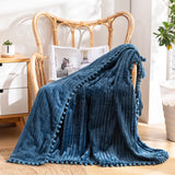 Qfdian Fleece Throw Blanket Couch with Pom Pom Fringe Soft Cozy Fuzzy Flannel Blankets for Sofa Bed Large Lightweight Plush All Seasons