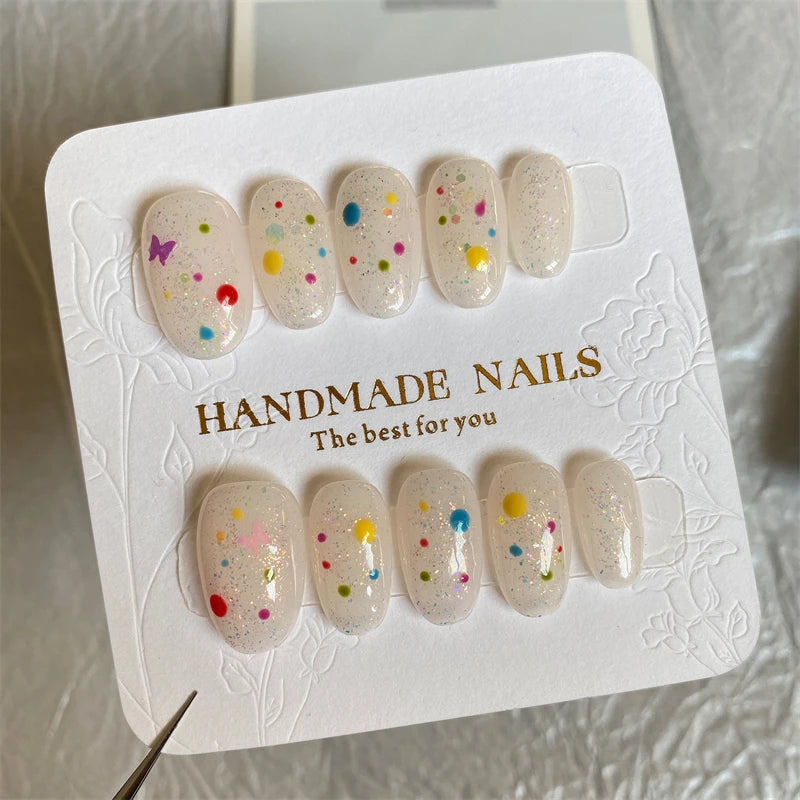 Qfdian Short Oval Press on Nails Handmade Fake Nails Full Cover Wearable False Reusable Adhesive Manicure Nails Glitter Dots Decoration