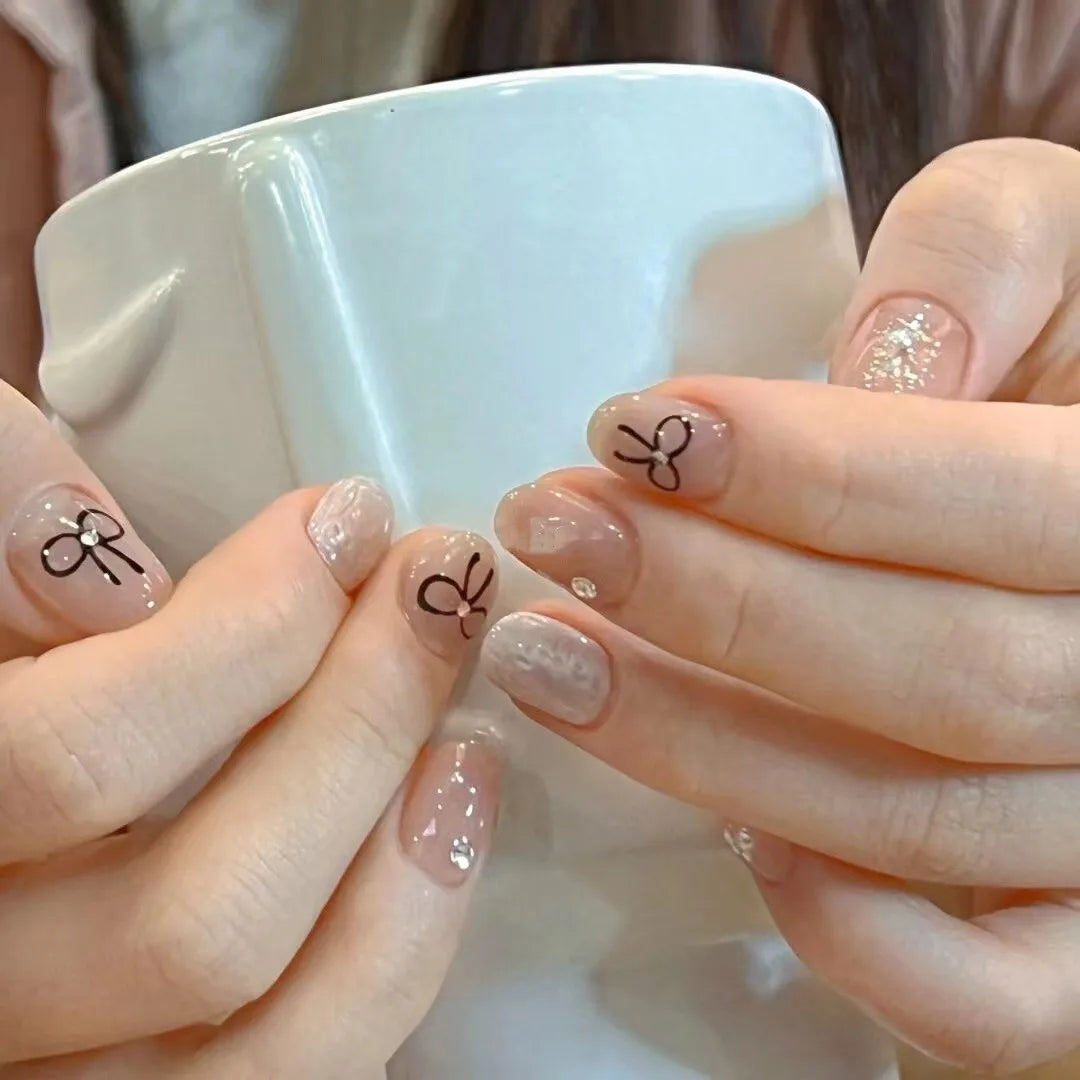 Qfdian 10 Pieces Bow Press on Nails Handmade Light Luxury Pearls Simple Short Fake Nails Cute Full Cover Nails Tips For Girls