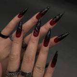 Qfdian 24Pcs Black Y2k Fake Nails with Diamond Halloween Long Almond False Nail Butterfly Design Wearable Oval Press on Nails Tips