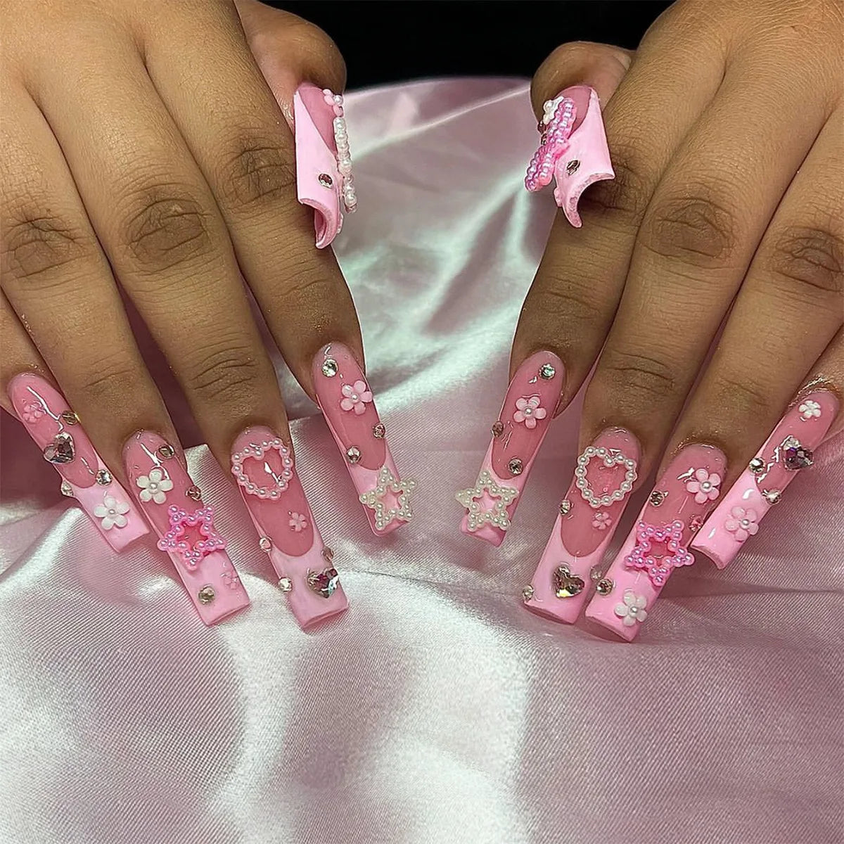 Qfdian 24Pcs Long Ballet False Nails with Bow Designs Pink Coffin Press on Nails Wearable French Fake Nail Full Cover Manicure Tips