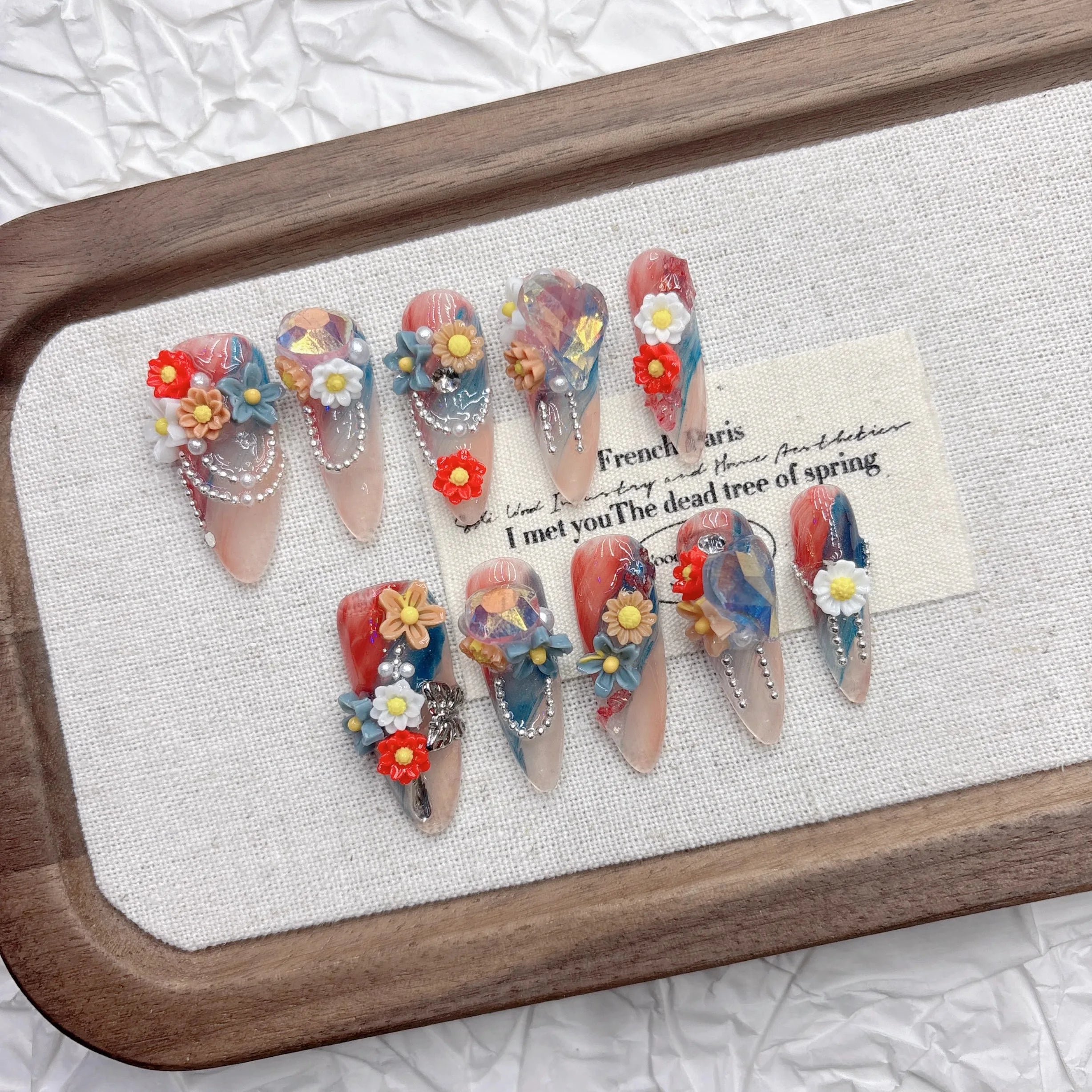 Qfdian 10Pcs High Quality Handmade Press on Nails Gentle Temperament Artistic Sense Explosion Celebrity-Style Nail Art Literary Style: