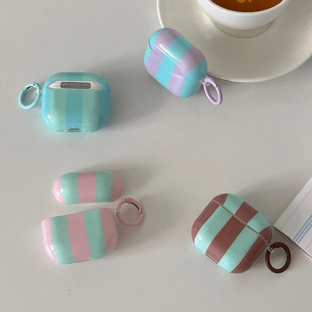 Qfdian Cute Blue Stripe Imd Silicone Earphone Case With Keychain For Apple AirPods 1 2 3 4 Pro 2 Bluetooth Headphone Protection Cover