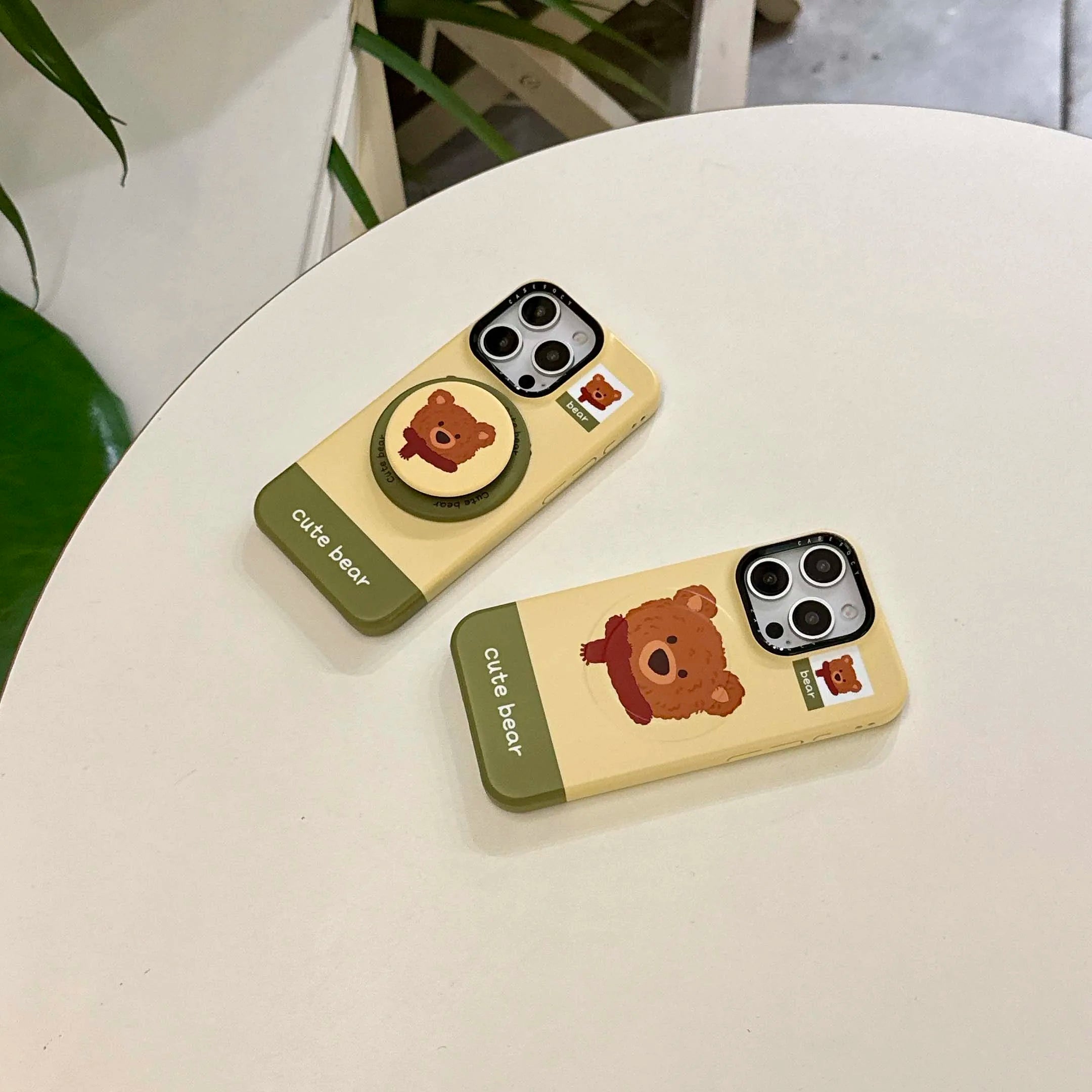 Qfdian Cartoon winter bear cute phone case for iphone 15pro 14promax 13promax 16 14 13 15 pro max magnetic stand holder ins fundas